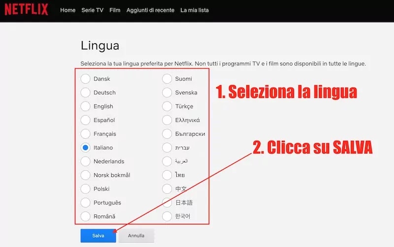 lingue disponibili per l'interfaccia utente di netflix