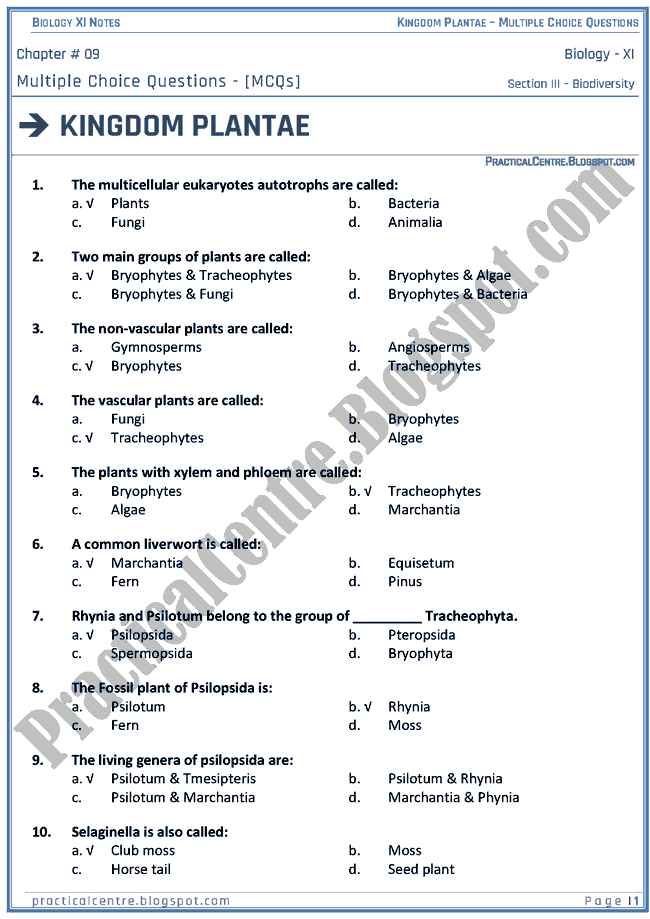 Kingdom Plantae - Multiple Choice Questions (MCQs) - Biology XI