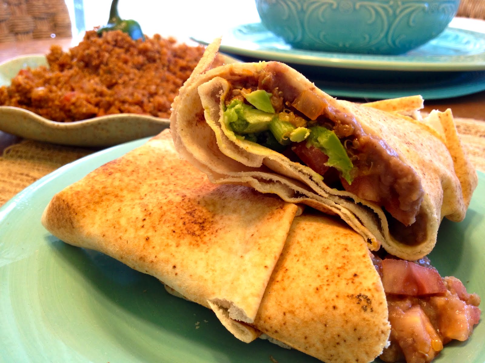 Clean, Fresh and mostly Veggie Flat Bread Burritos with Mexican Quinoa