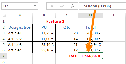 Syntaxe de la fonction Somme