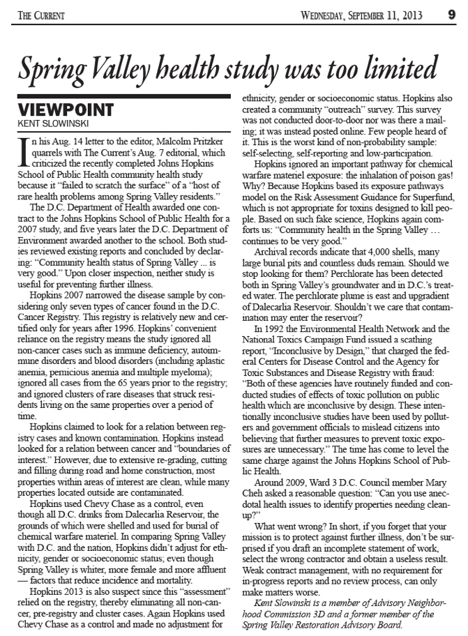 Weapons of Mass Destruction in DC Spring Valley Health Studies Deemed