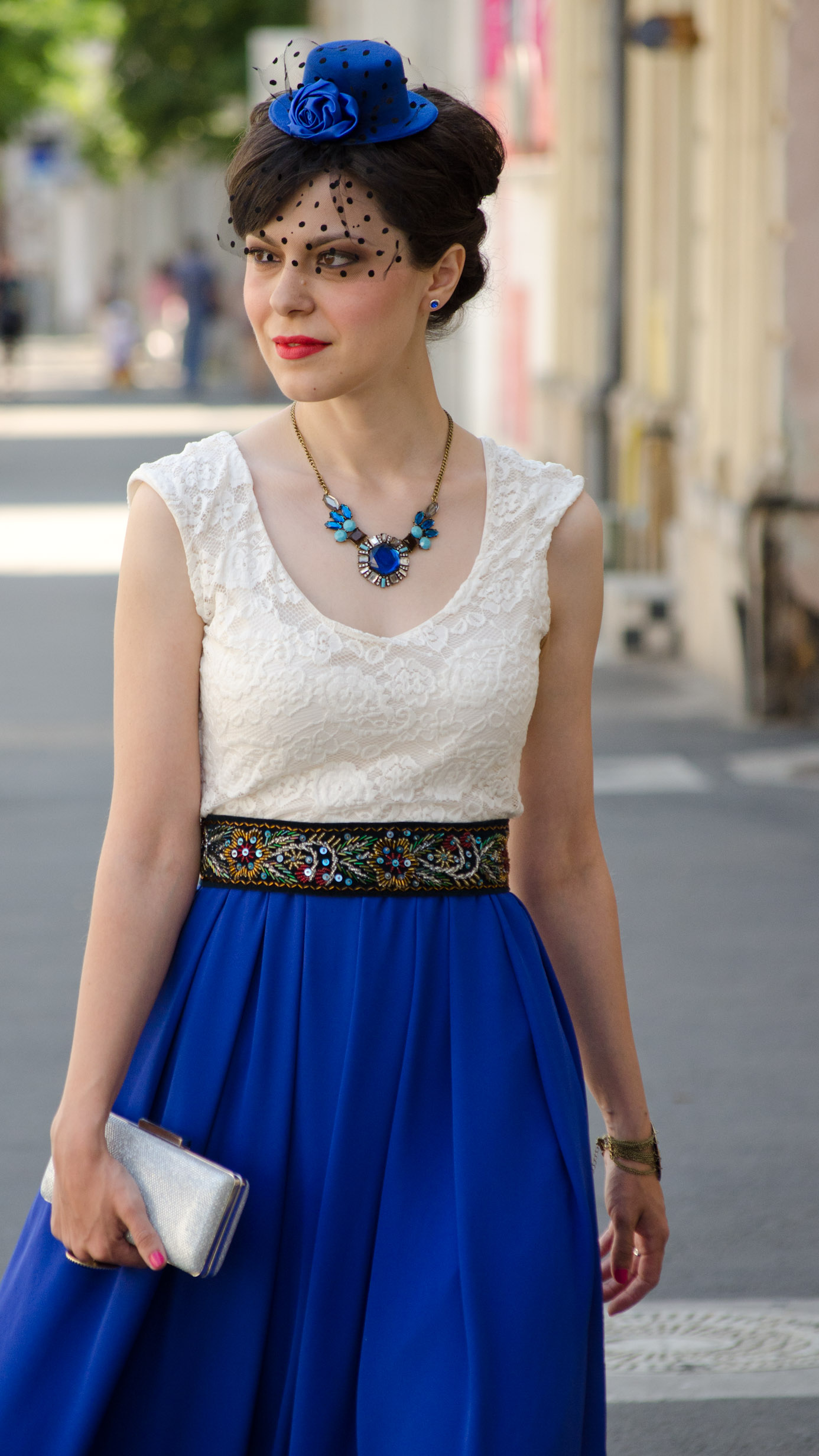 maxi dress cobalt blue white lace statement necklace blue topper hat wedding attire handmade waistband