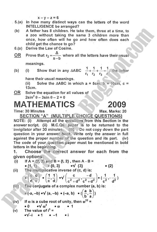 Mathematics-2009-five-year-paper-class-XI