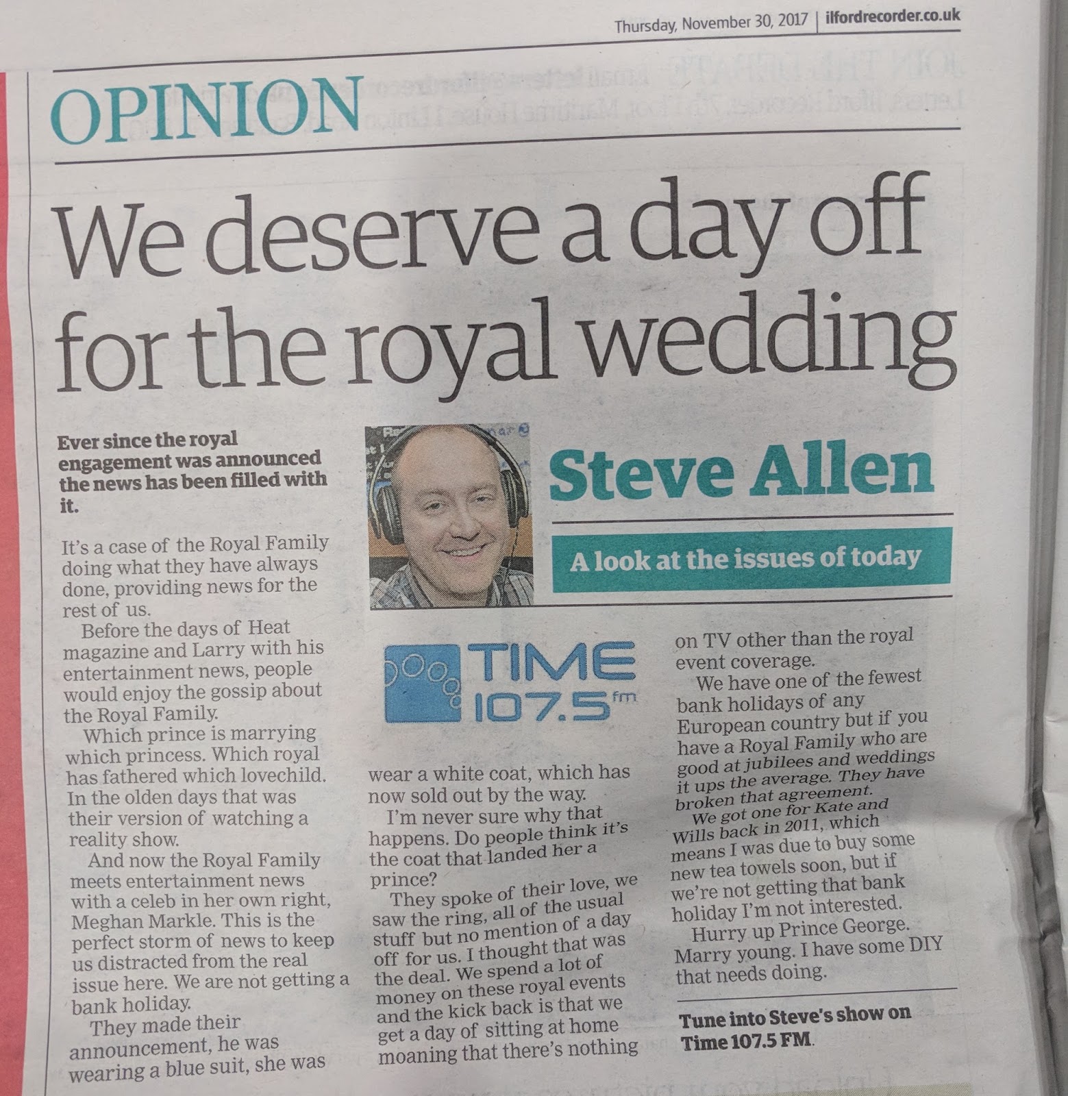 [Newspaper Column] Royal Wedding Some News