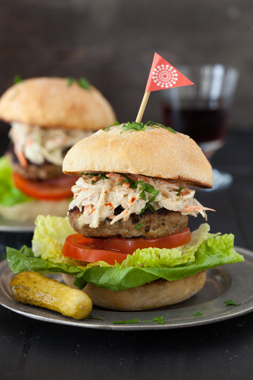 Barbecue Turkey Burger With Lettuce Tomato Mustard Coleslaw At