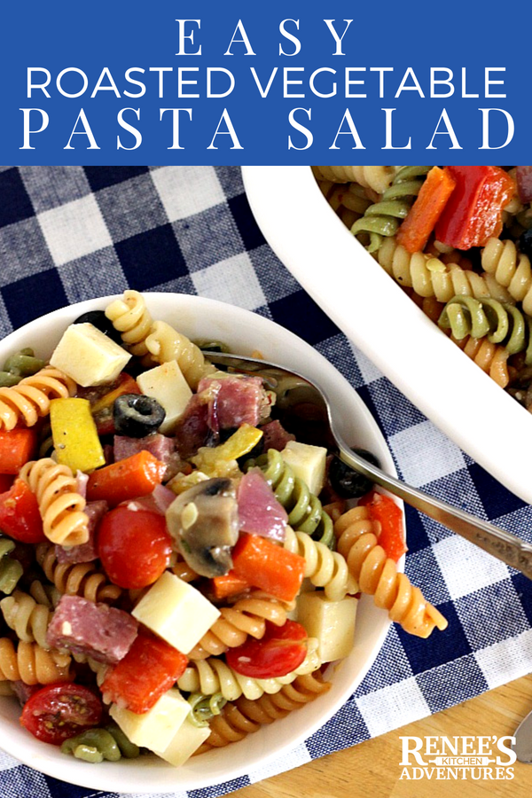Roasted Vegetable Pasta Salad by Renee's Kitchen Adventures - easy recipe for pasta salad made with oven roasted vegetables, meat and cheese all covered in a zesty Italian dressing. Perfect summer side dish salad or main dish salad. #pastasalad #coldpastasalad #Italiandressingpastasalad #summersalad