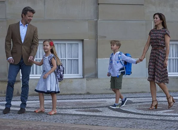 Crown Princess Mary's youngest children, Prince Vincent and Princess Josephine started Tranegård School. Mary wore dress