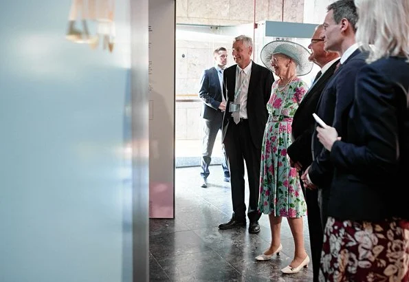 Queen Margrethe wore floral print summer dress at Danmarks Nationalbank's lobby at Havnegade. Crown Princess Mary, Princess Marie