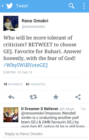 00 He shouldn't have! Hehe...Reno Omokri's twitter polls favours his opponent