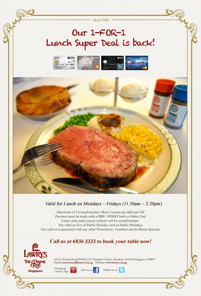 FoodieFC Lawry's The Prime Rib Singapore 1 For 1 Lunch Super Deal
