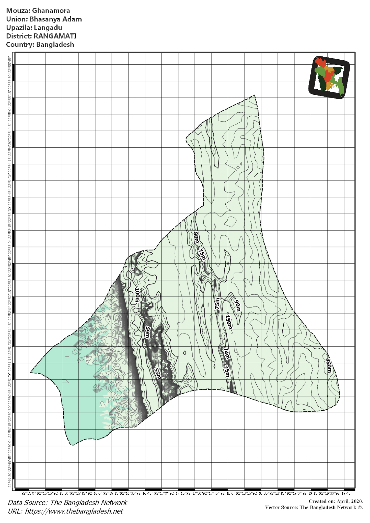 Map of Ghanamora Mouza of Langadu Upazila, RANGAMATI, Bangladesh.
