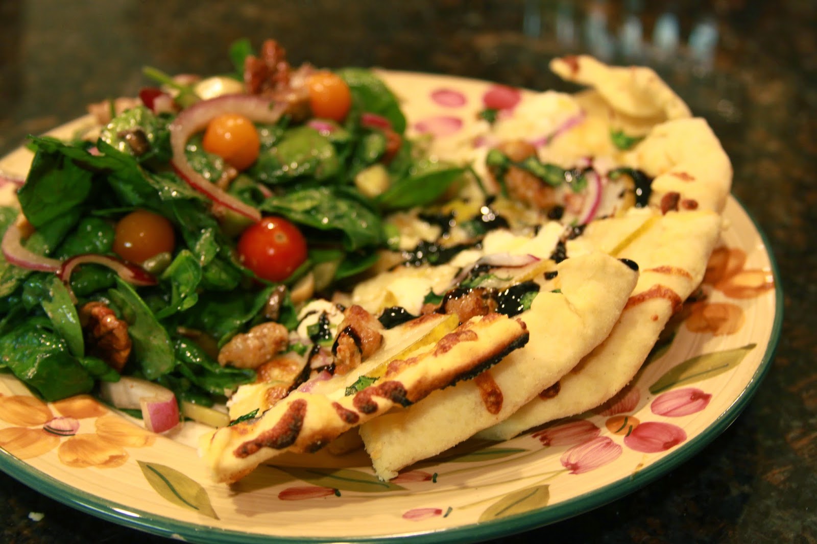 That harpist can cook! Pear Sausage & Goat Cheese Pizza