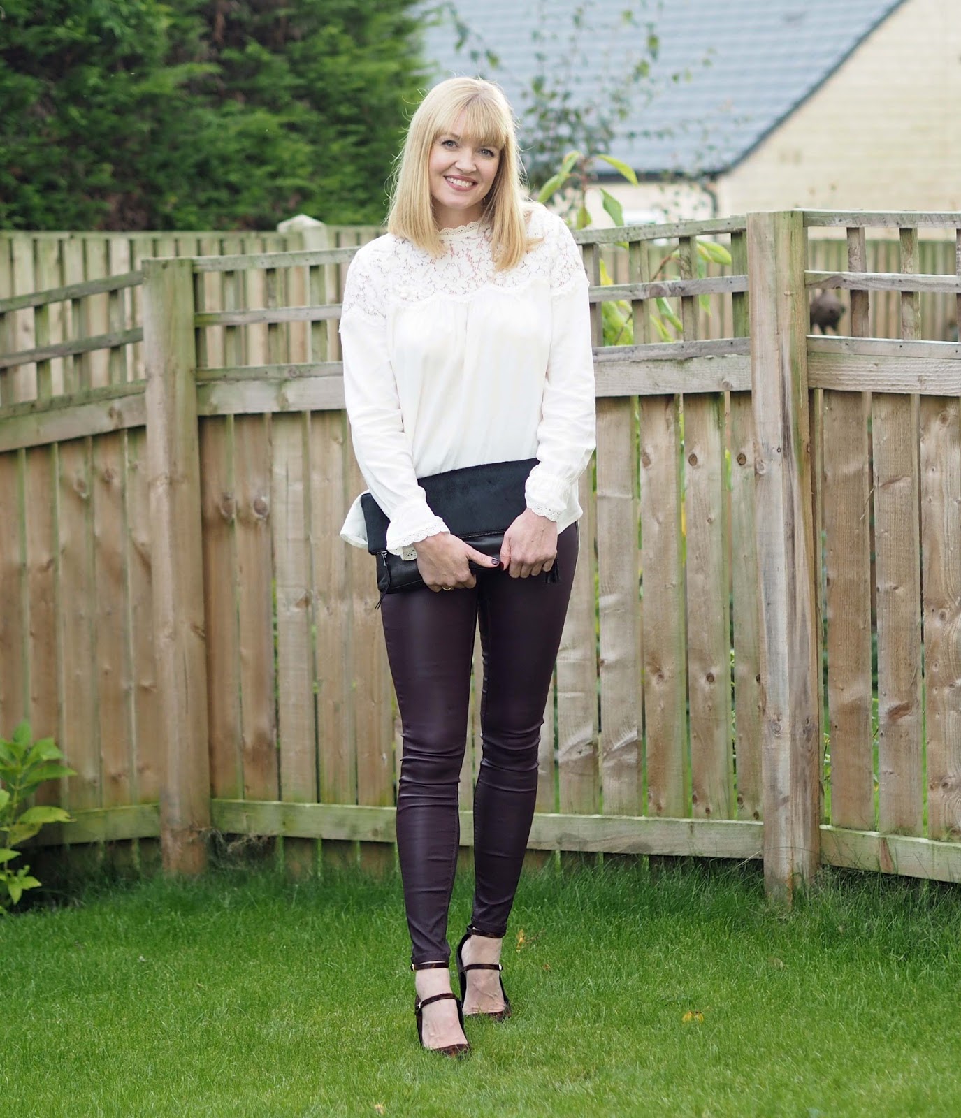 Berry Coated Leggings with the M&S Romantic Lace Top and Strappy Leopard  Print Heels - What Lizzy Loves