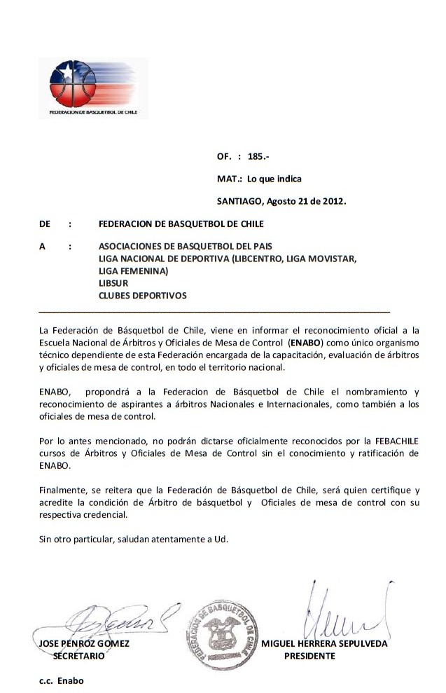 RECONOCIMIENTO DE ENABO-FEBACHILE POR PARTE DE LA FEDERACIÓN DE BÁSQUETBOL  DE CHILE - ENABO-FEBACHILE