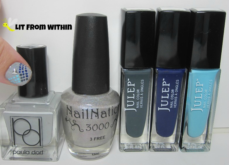 Bottle shot:  Paula Dorf Stormy, NailNation 3000 Dancing In The Sky, and Julep Josephine, Char, and Something Blue.
