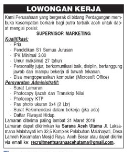 Lowongan Kerja di PT SARANA ACEH UTAMA Serambi Indonesia Edisi 13 Maret 2018