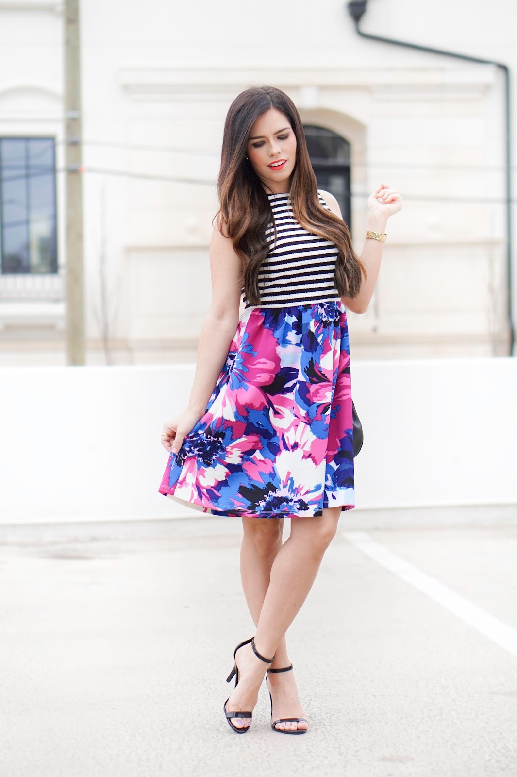 Striped Dress and Floral Heels - Style of Sam