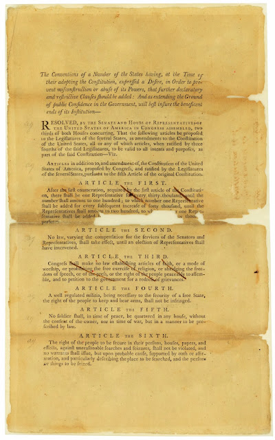 Front of the proposed Amendments to the U.S. Constitution Broadside as passed by the Senate, Printed September 14, 1789 from the Records of the U.S. Senate National Archives - http://www.articlethefirst.net/