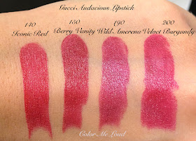 Gucci Audacious Lipstick Swatches, Iconic Red, Berry Vanity, Wild Amerena and Velvet Burgundy