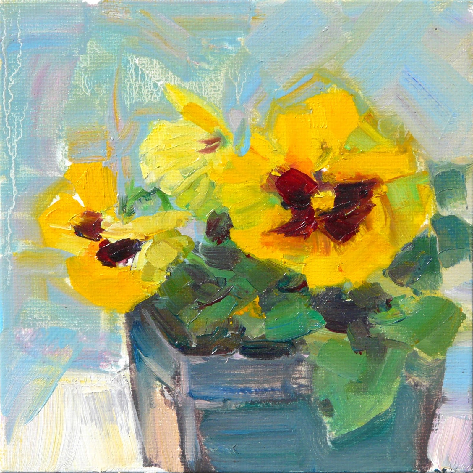 Art Every Day Yellow Pansies 3,still life,oil on canvas,6x6,price200