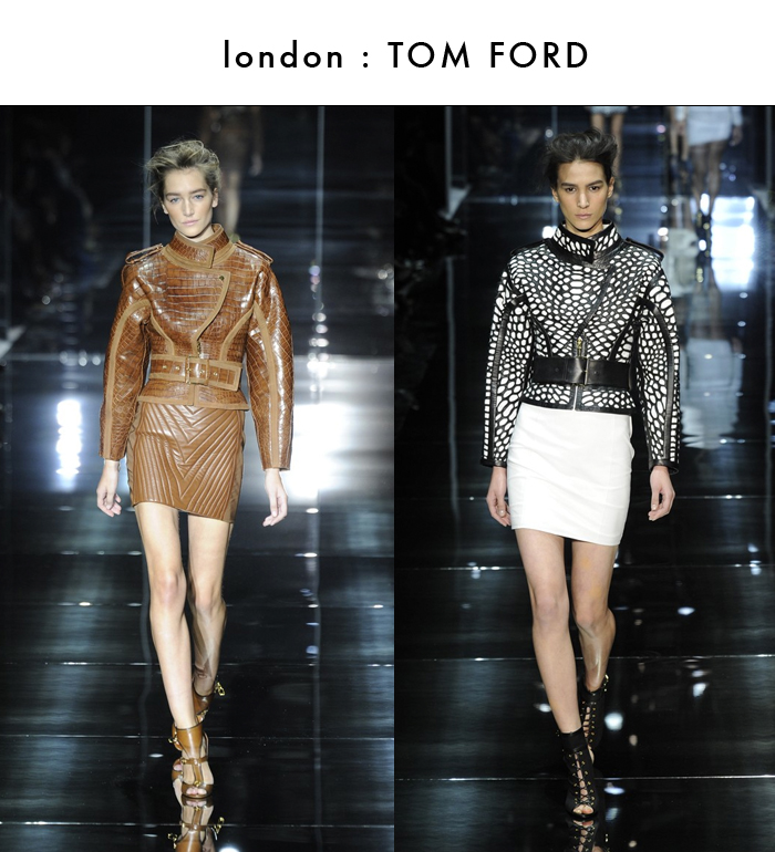 spring rtw 2014, tom ford, chevron skirt, leather skirt, strong shouldered jacket