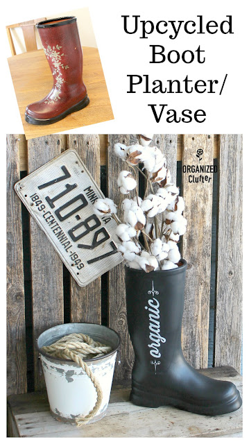 Up-Cycled Ceramic Boot Vase/Flower Pot #upcycle #stencil #fusionmineralpaint #farmhouse #bootplanter #bootvase
