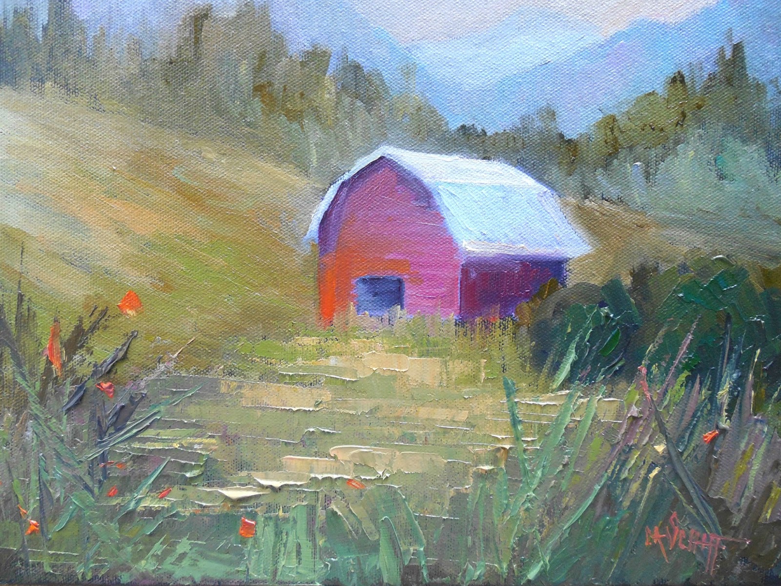 Palette Knife Painters Barn Landscape Painting, Small Oil Painting