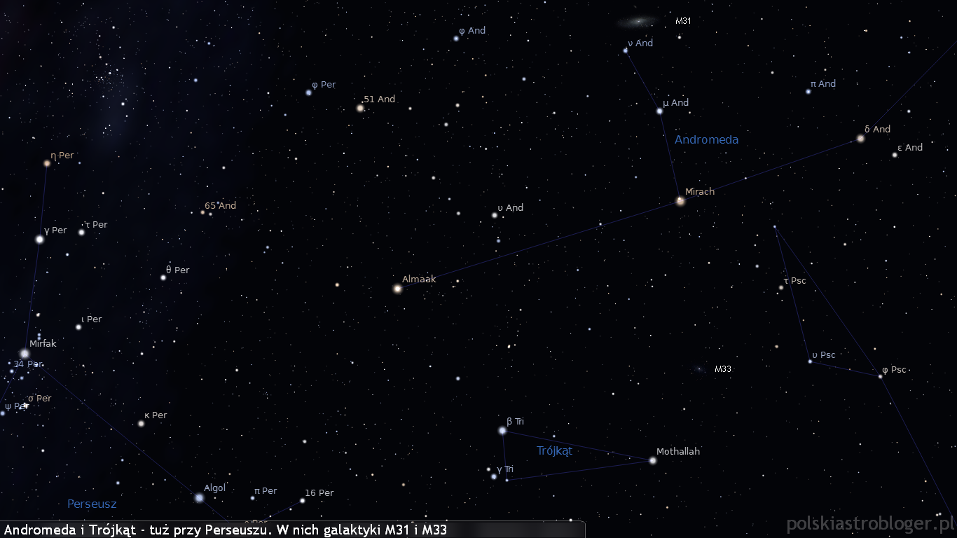 Andromeda i Trójkąt - tuż przy Perseuszu. W nich galaktyki M31 i M33