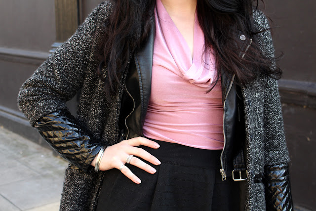 London fashion blogger Emma Louise Layla - pale pink, grey tweed and black leather outfit