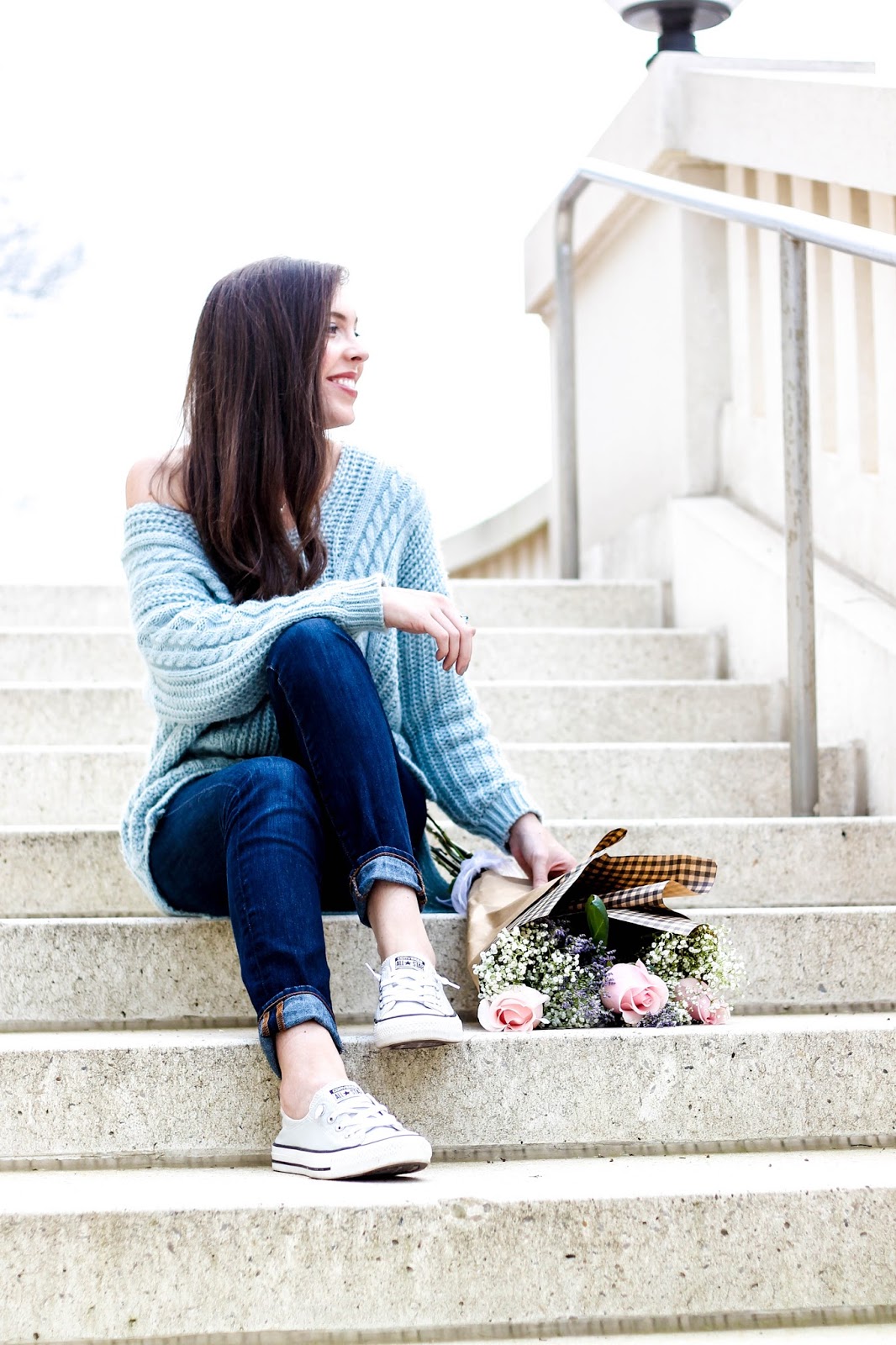 Sunny Afternoon V-neck Sweater Chicwish, chunky knit carolina blue sweater, winter outfit idea, casual winter outfits, fashion blogger NC, chicwish sweater, oversized knit sweater in light blue, north carolina blog, pretty in the pines, dark skinny jeans, converse shoreline sneakers