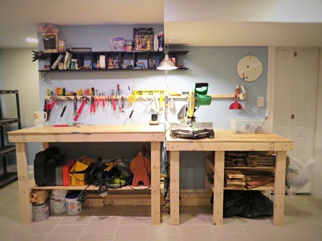 view straight on of basement workbench area