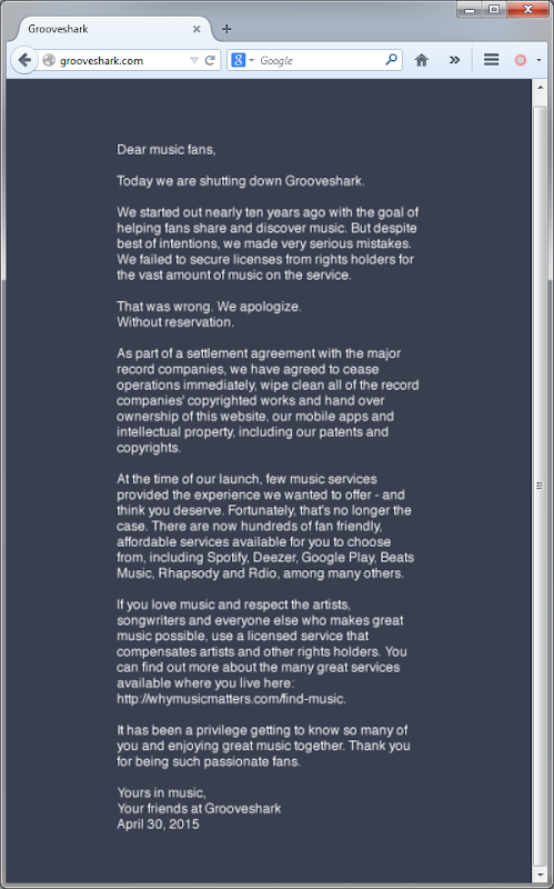 Grooveshark shuts down message 2015