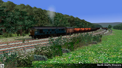 Fastline Simulation - North Staffs Minerals: Class 24 24054 departs Oakamoor with a loaded sand train to Leek Brook. Note the van included in the train to help protect the guard from sand blowing off of the wagons. North Staffs Minerals, a route for RailWorks Train Simulator 2012.