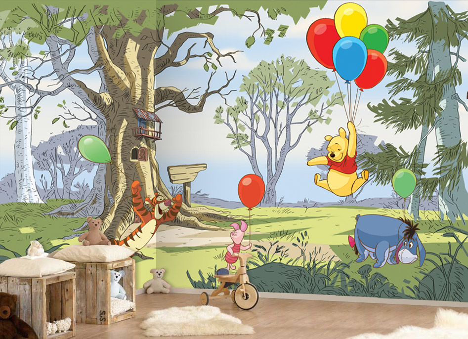Winnie the Pooh Flying With Balloons Wall Mural