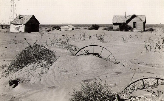Homestead and farm in Texas County, Oklahoma, USA, during Dust Bowl.