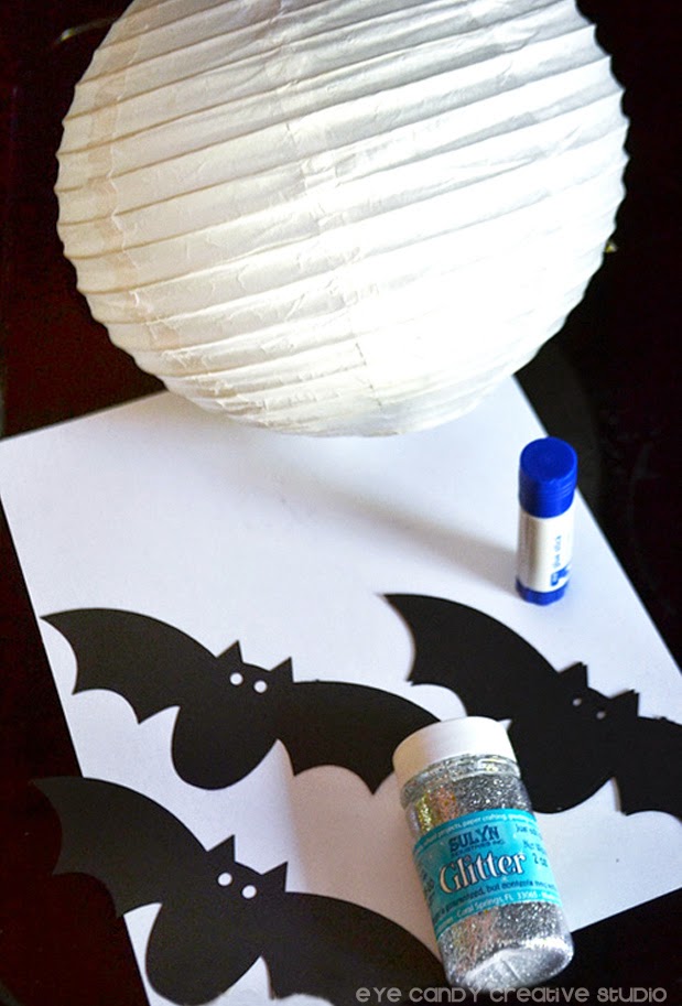white paper lantern, glitter bats, card stock, glue on bats, halloween decor