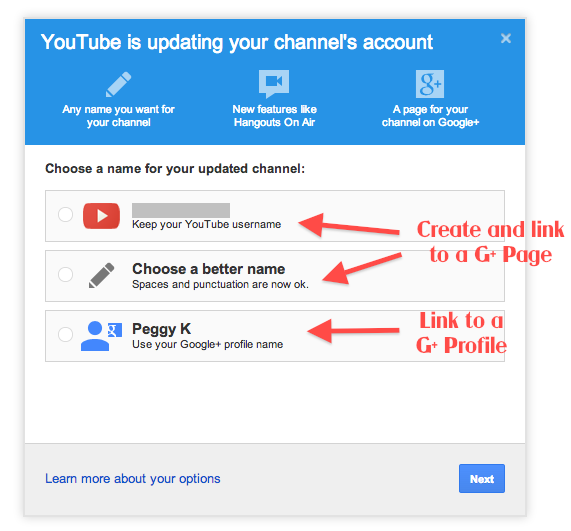 Transfer ownership of your legacy  channel to a different Google  account: Link to a Google+ Page