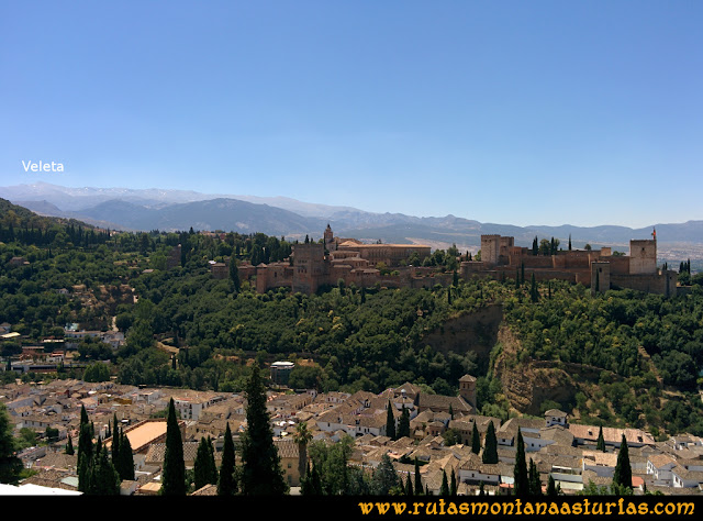 Ruta Hoya de la Mora - Veleta: Vista desde Granada de la Alhambra y el Veleta