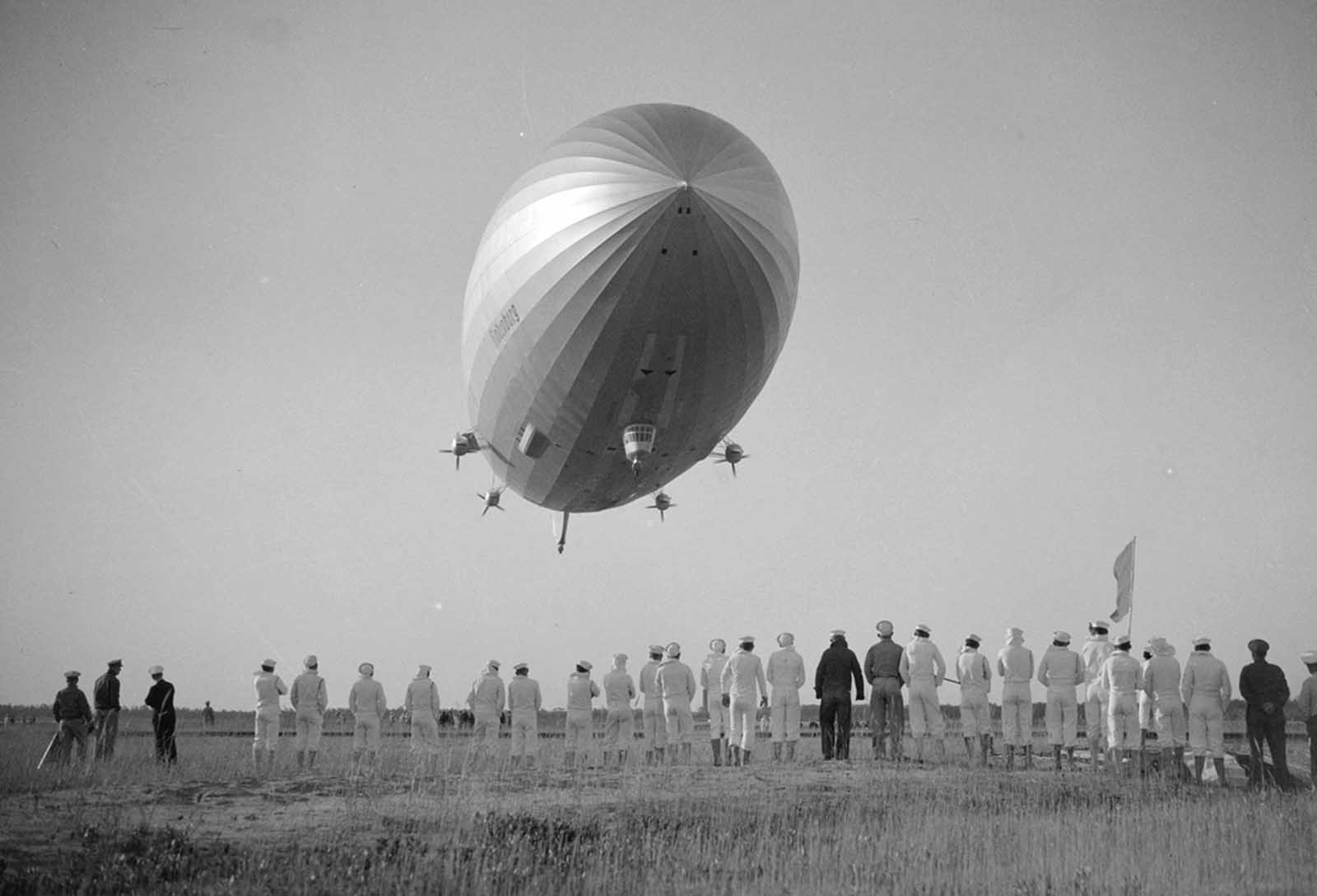 The Hindenburg, above ground crew at the U.S. Navy Air Station in Lakehurst, New Jersey.