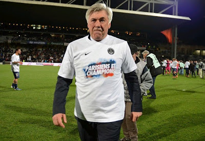 Carlo Ancelotti celebrating the French League Title with PSG