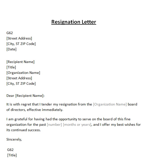 Resignation Letter from Board ~ Template Sample