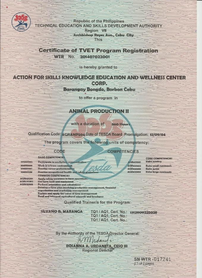 ANIMAL PRODUCTION NC II WITH TRAINING REGULATION
