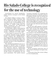 Snapshot of Arizona Republic story announcing WCET award.  Headline: Rio Salado College is Recognized for the Use of Technology