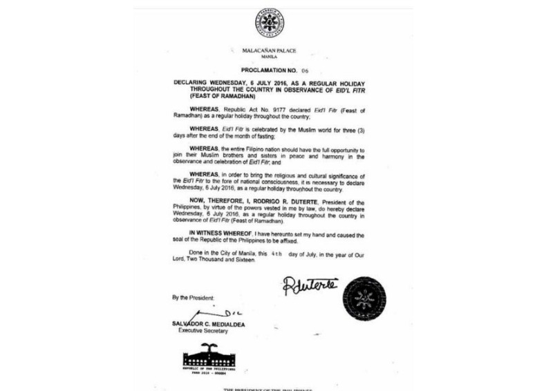 July 6, 2016 is a Holiday in the Philippines in Observance 