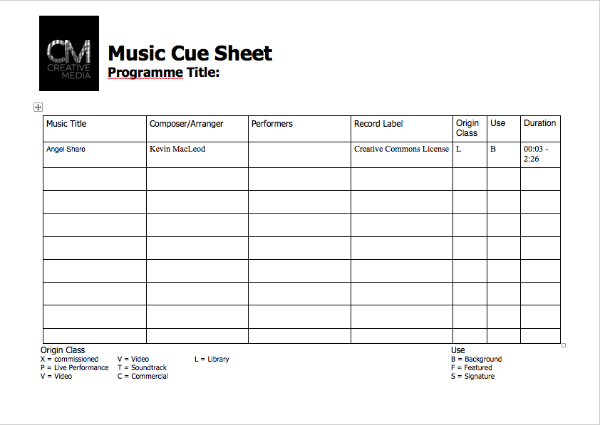 Personal Major Project Music Cue Sheet