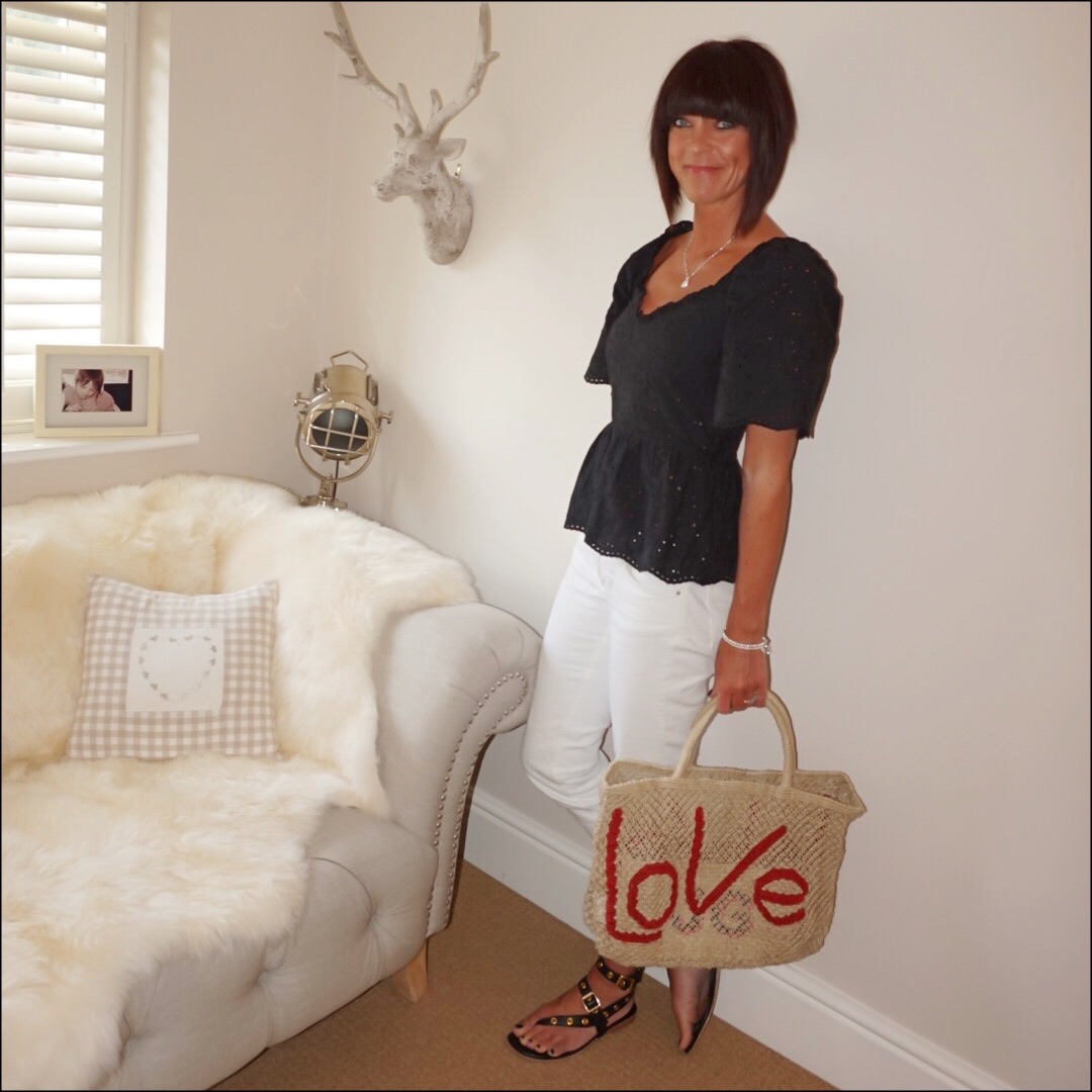 my midlife fashion, h and m embroidered top, zara cropped distressed boyfriend white jeans, iro embellished eyelet leather sandals, the jacksons love jute bag