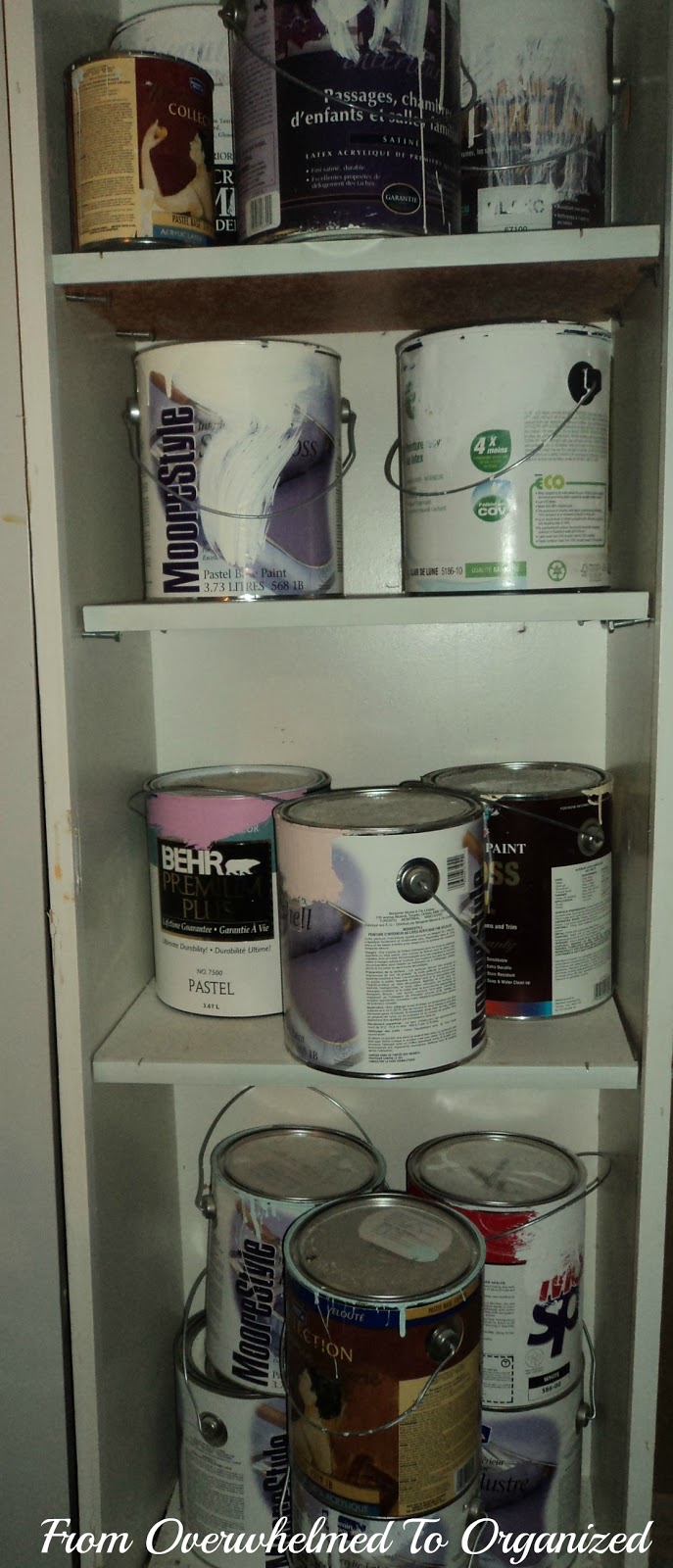 Paint cans take up a lot of space in a garage or basement. A lot of paint can be purged and stored in smaller containers.