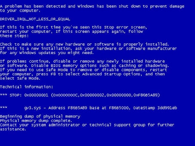 Windows mengalami Blue Screen of Death (BSOD)