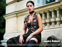 monica bellucci, wallpaper, hd, bikini, photos, sitting on small wall in modern dress