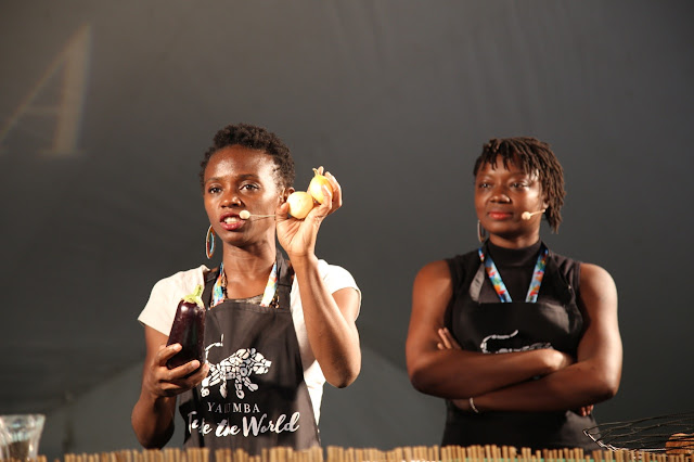 Les Amazones d'Afrique cooking a wild aubergine stew. Womad.